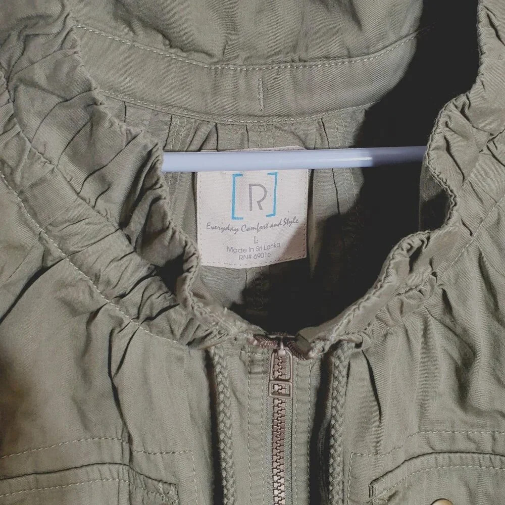Relativity Womens Olive Green Drawstring Jacket Pockets roll tab sleeves Large - Picture 4 of 7